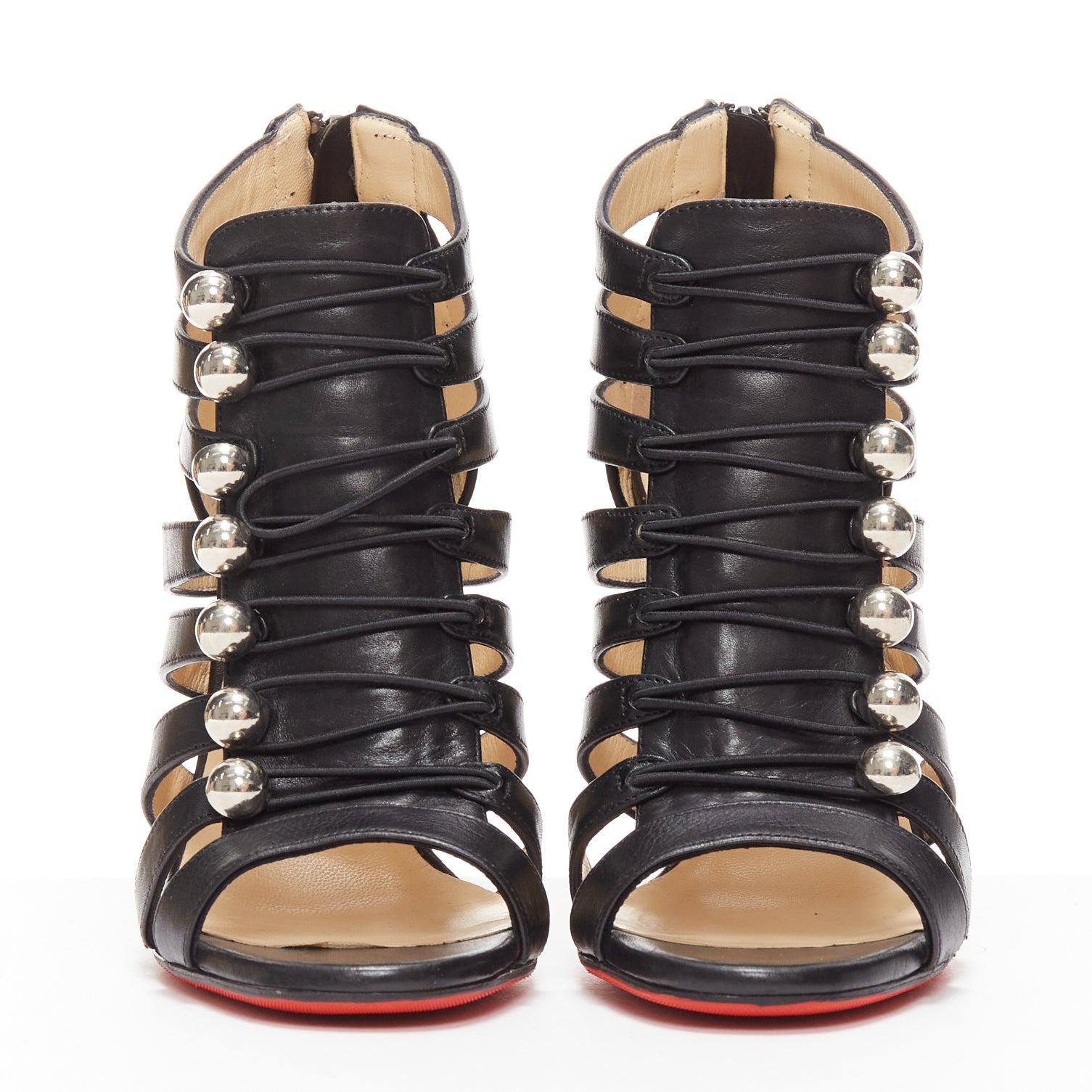 CHRISTIAN LOUBOUTIN Denis 100 black silver round studs caged sandals EU35 In Excellent Condition For Sale In Hong Kong, NT
