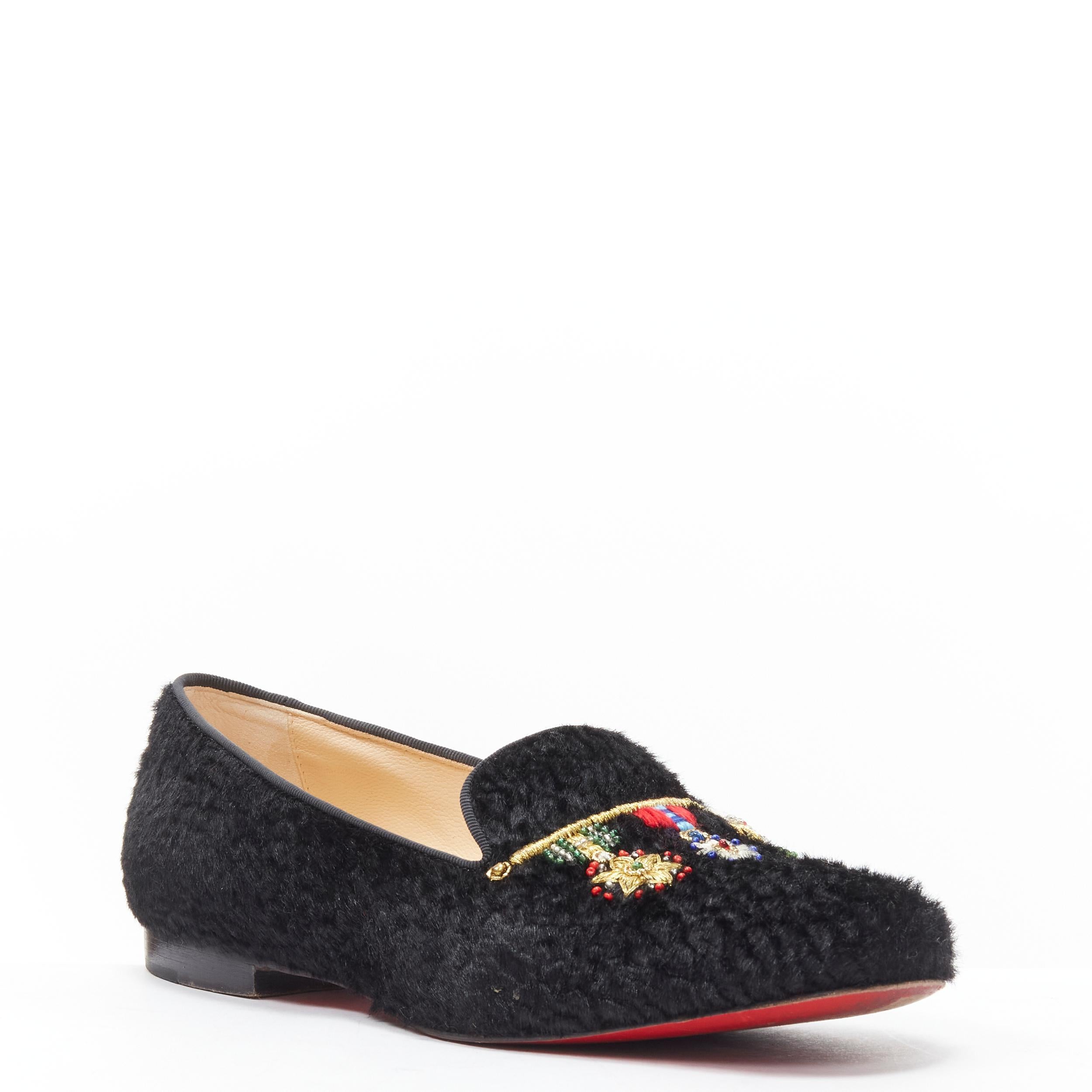 Black CHRISTIAN LOUBOUTIN Dictatrice Flat Pony Astrakan black embroidered loafer EU37