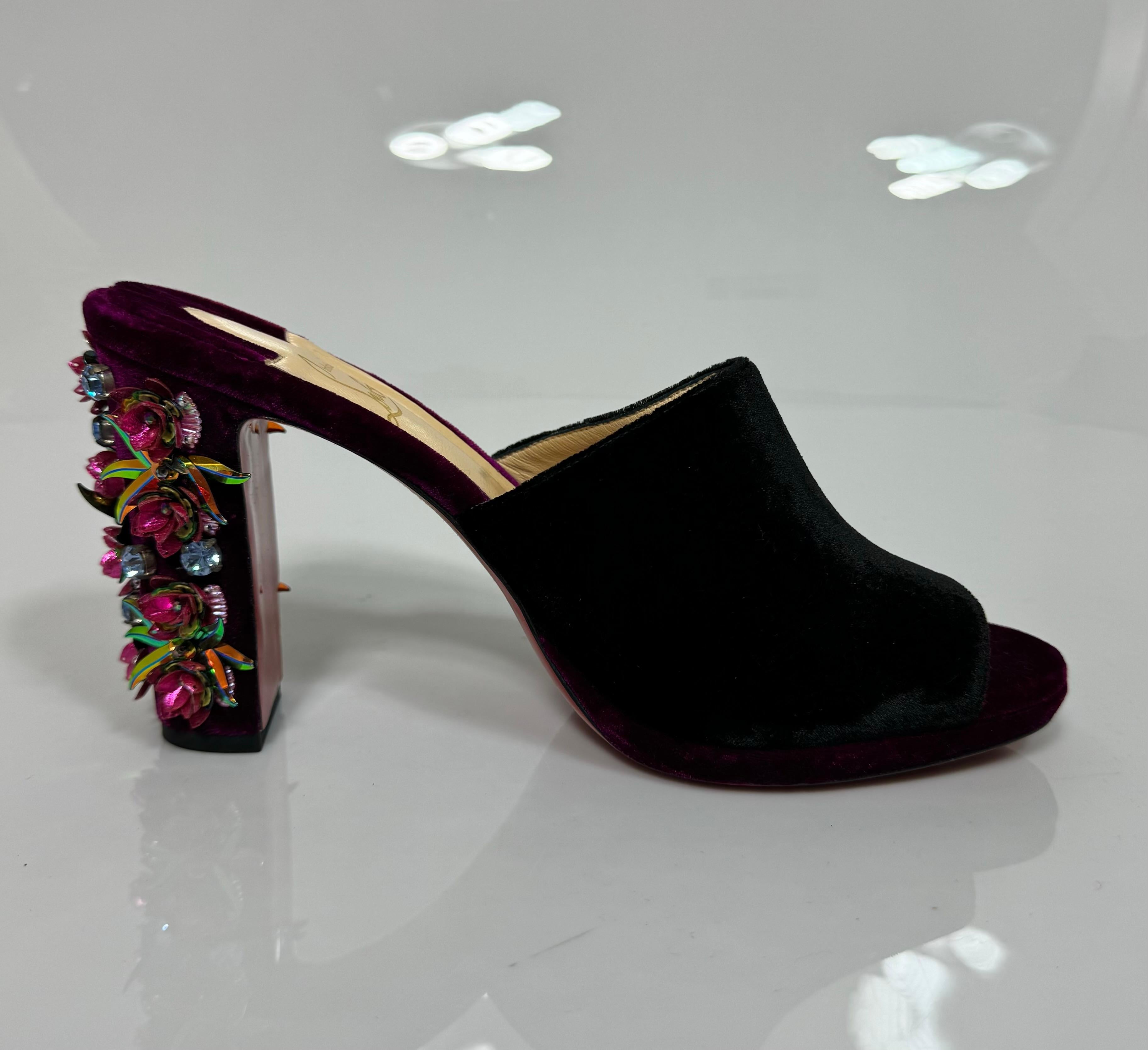 Christian Louboutin Donaflor Velvet Crystal Heel Mule Sandal Size 40.5 The retail of this shoe is $1495 and these shoes are New. These Christian Louboutin Two-Tone Cherry and Black Velvet Slide Sandals have a 4
