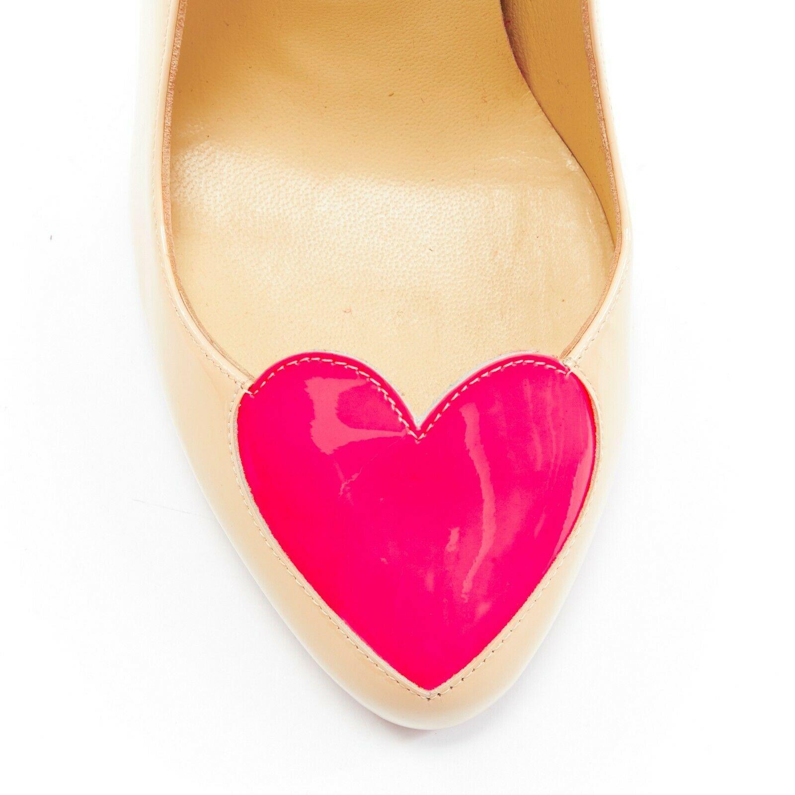 CHRISTIAN LOUBOUTIN Doracora nude patent neon pink heart round toe pump EU37 In Good Condition In Hong Kong, NT