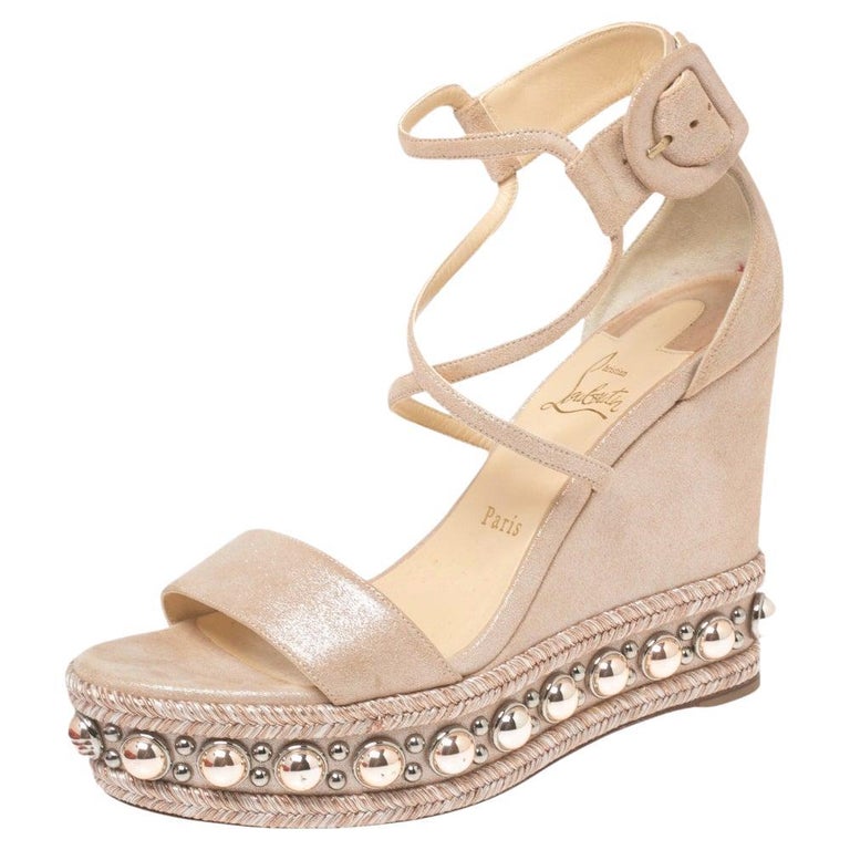 Christian Louboutin Dusty Pink Metallic Suede Chocazeppa Wedge Sandals Size  39 at 1stDibs