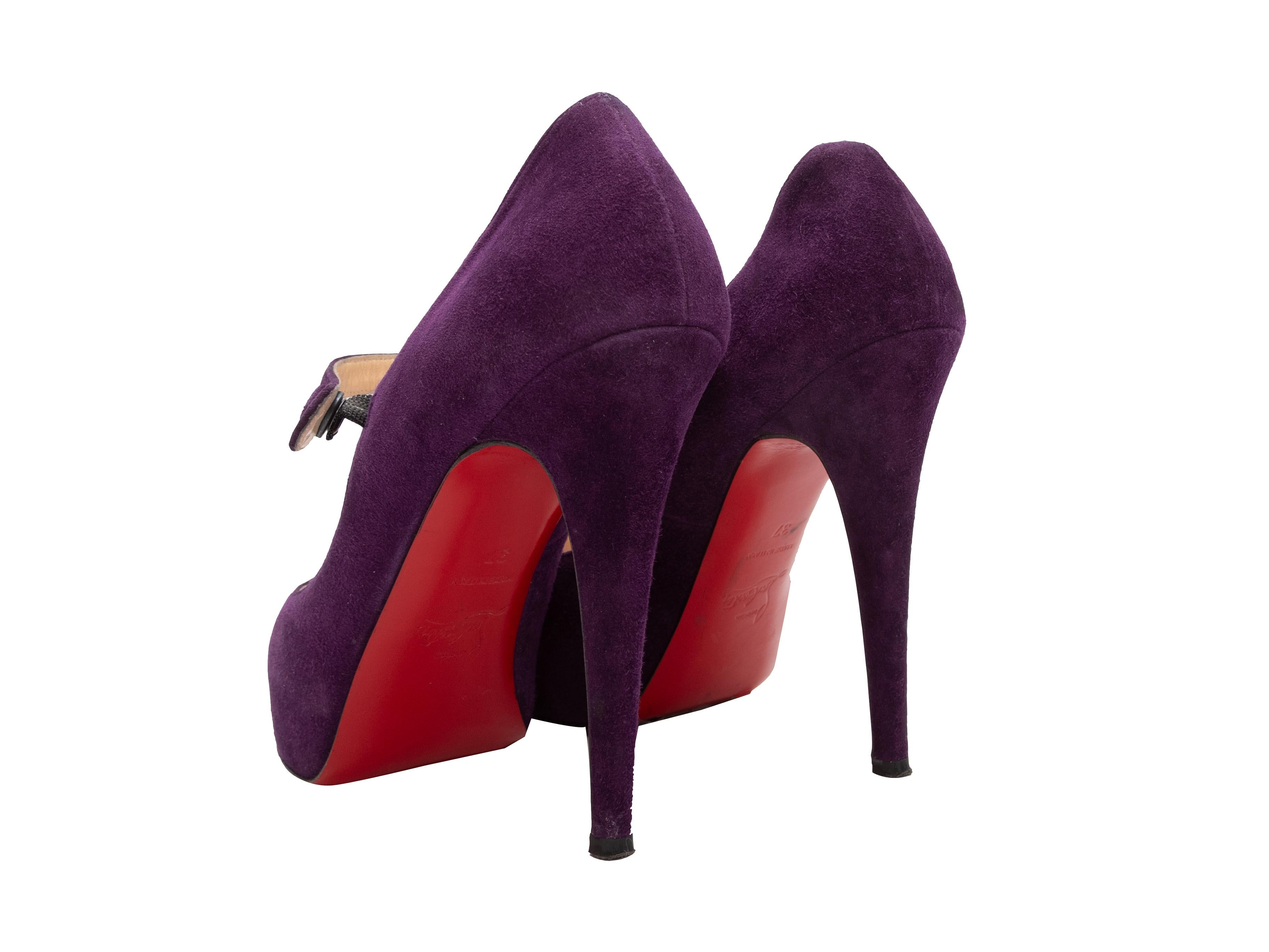 Women's or Men's Christian Louboutin Eggplant Suede Peep-Toe Mary Jane Heels