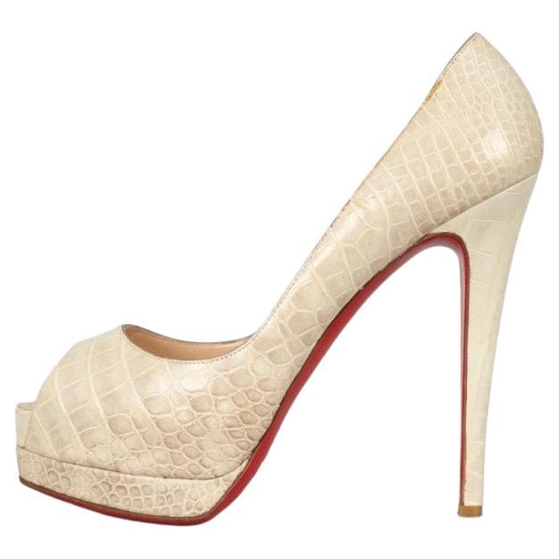 Christian Louboutin Embossed Beige Wedge Peep-Toe Pumps Sz.38.5