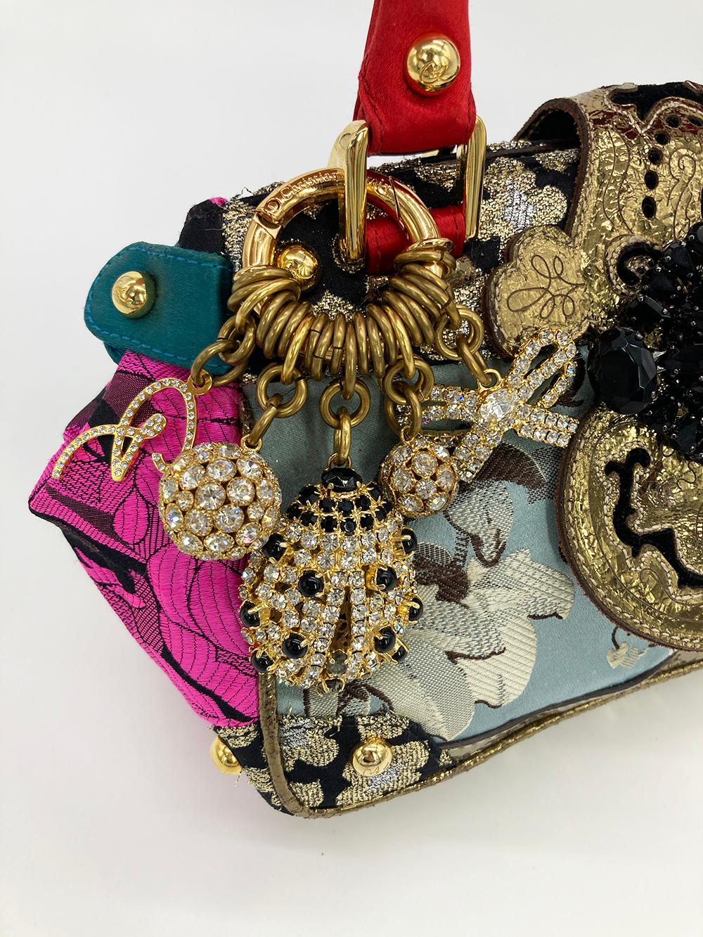 Christian Lacroix Embroidered Silk Crystal Charm Embellished Handbag In Good Condition In Philadelphia, PA