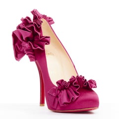 CHRISTIAN LOUBOUTIN Escandria 120 Satin cranberry ruffle platform pumps EU37.5