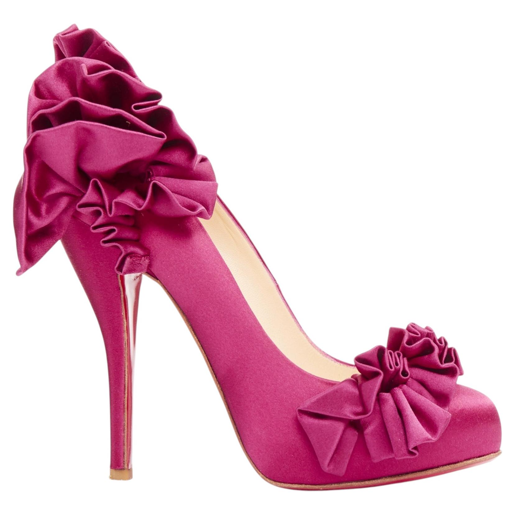 Pre-owned Christian Louboutin Escandria 120 Satin Cranberry Ruffle Platform Pumps Eu37.5 In Pink