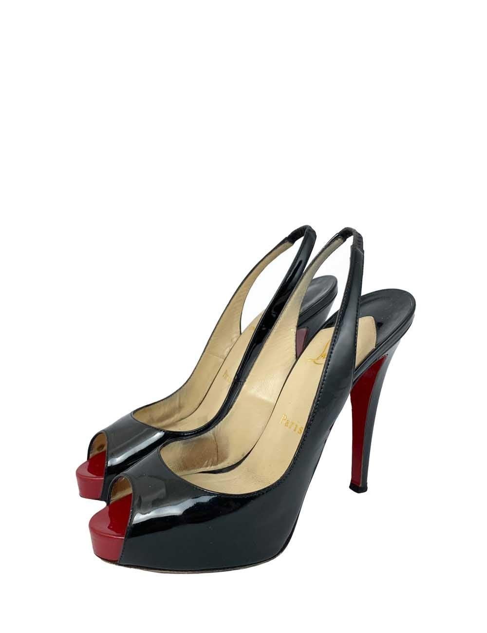 Black Christian Louboutin EU 37.5 Patent Leather Open-Toed Pumps For Sale