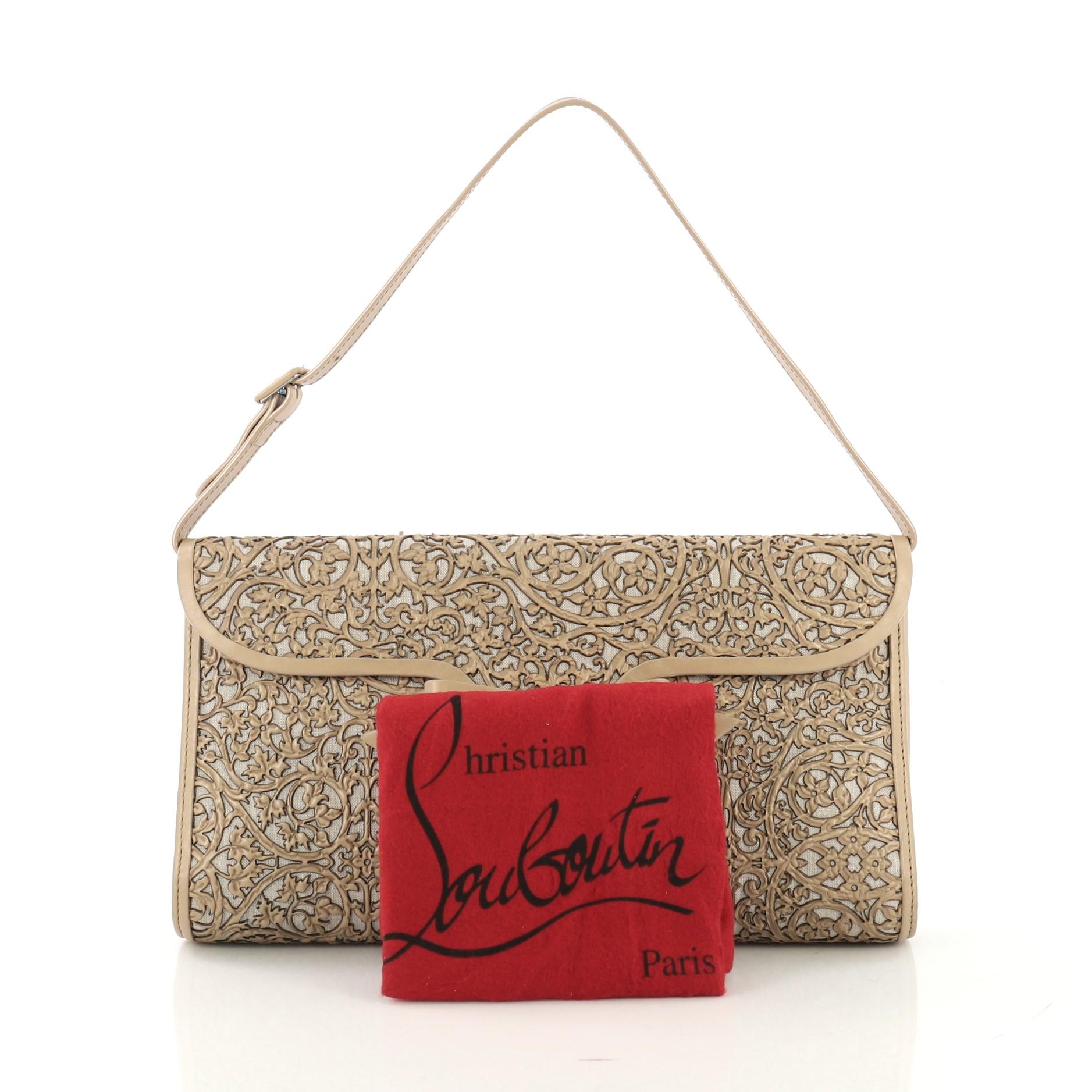 This Christian Louboutin Evita Pampas Clutch Laser Cut Leather and Canvas, crafted from beige laser cut leather and canvas, features leather top handle, leather trim, flap top with bow detail, and silver-tone hardware. Its magnetic snap closure