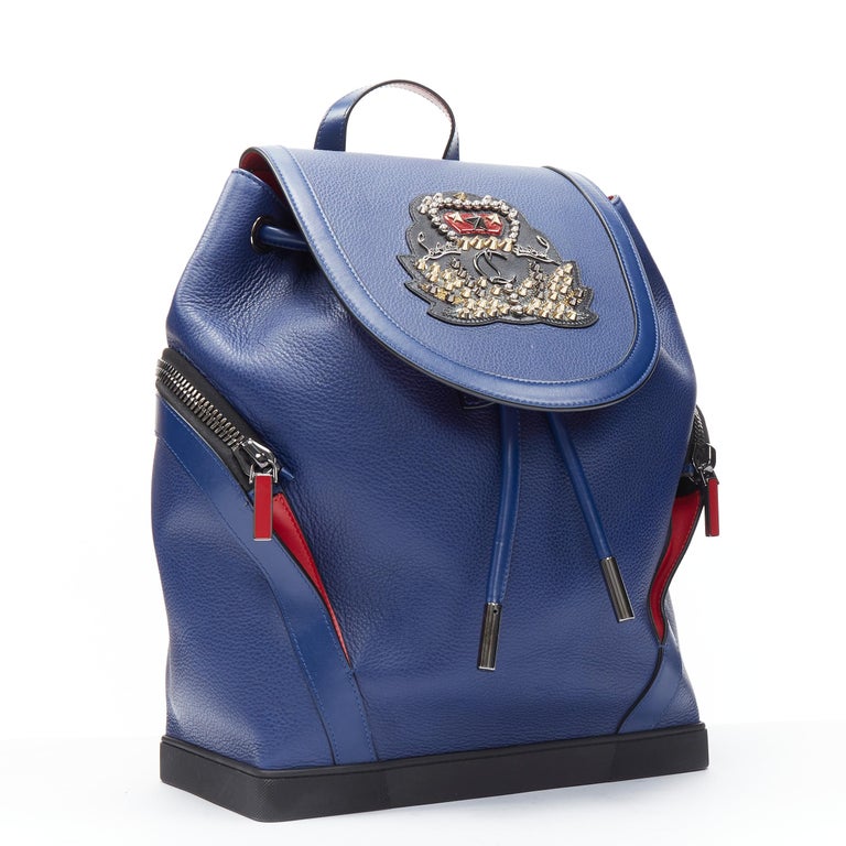 CHRISTIAN LOUBOUTIN Explorafunk navy blue leather spike stud backpack bag  at 1stDibs