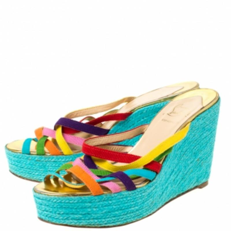 Blue Christian Louboutin Fabric Crepon 110 Espadrille Wedge Platform Sandals Size 40 For Sale