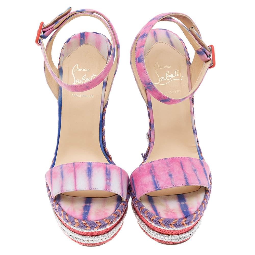 Beige Christian Louboutin Fabric Duplice Ankle Strap Wedges Platform Sandals Size 39 For Sale