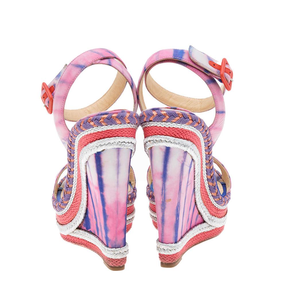 Women's Christian Louboutin Fabric Duplice Ankle Strap Wedges Platform Sandals Size 39 For Sale