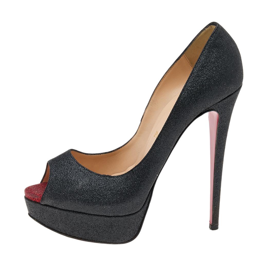Women's Christian Louboutin Fabric New Very Prive Peep Toe Platform Pumps Size 38.5 For Sale