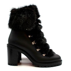 Christian Louboutin Fanny 70 Black Nappa Fox Fur Lace-Up Boots - Size 38