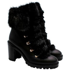 Christian Louboutin Fanny 70 Black Nappa Fox Fur Lace-Up Boots - Size 38