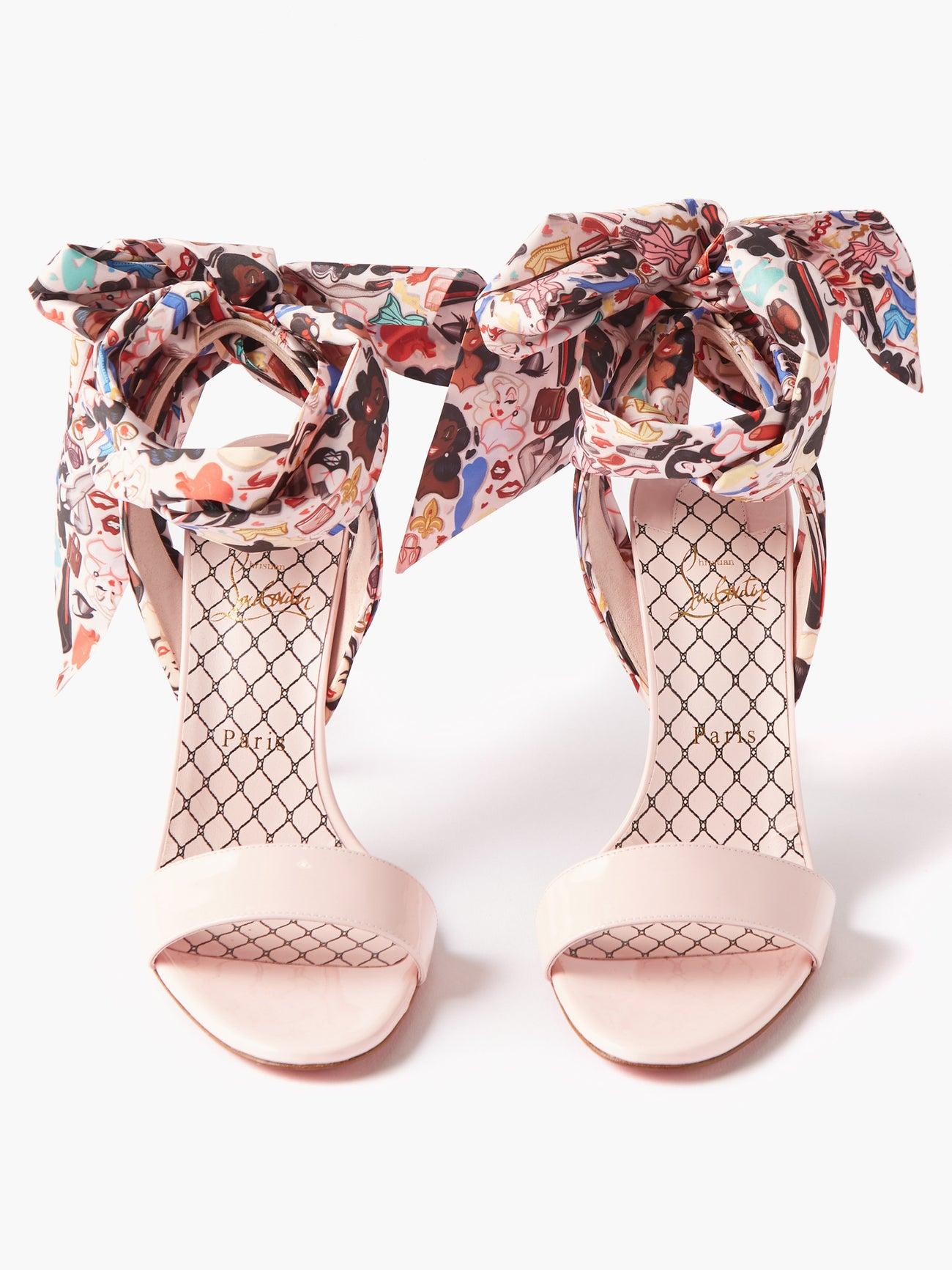 Beige Christian Louboutin Fetish Du Desert 100 Patent Pink/Multi Sandal Sz 38.5 NWT For Sale