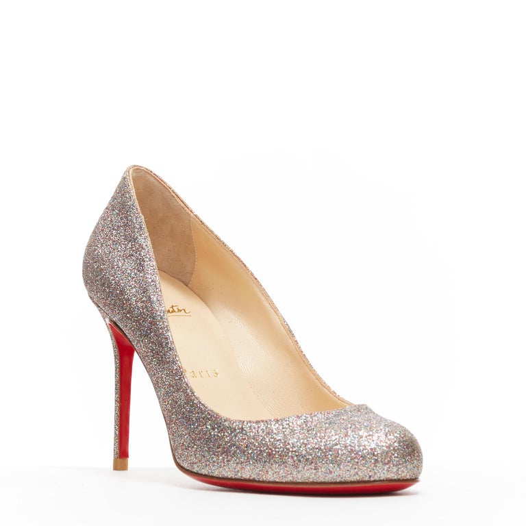 CHRISTIAN LOUBOUTIN Fifi 85 silver fine glitter round toe slim heel ...