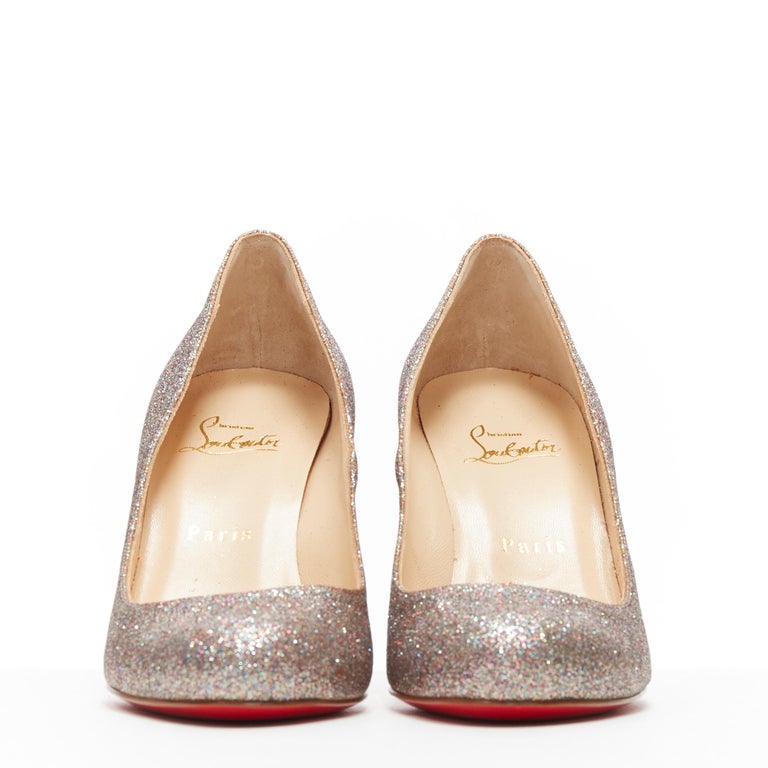 CHRISTIAN LOUBOUTIN Fifi silver fine glitter round toe slim heel pump EU37 at 1stDibs