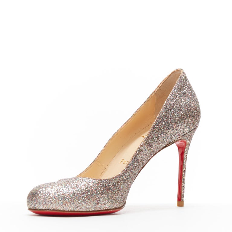 CHRISTIAN LOUBOUTIN Fifi 85 silver fine glitter round toe slim heel ...