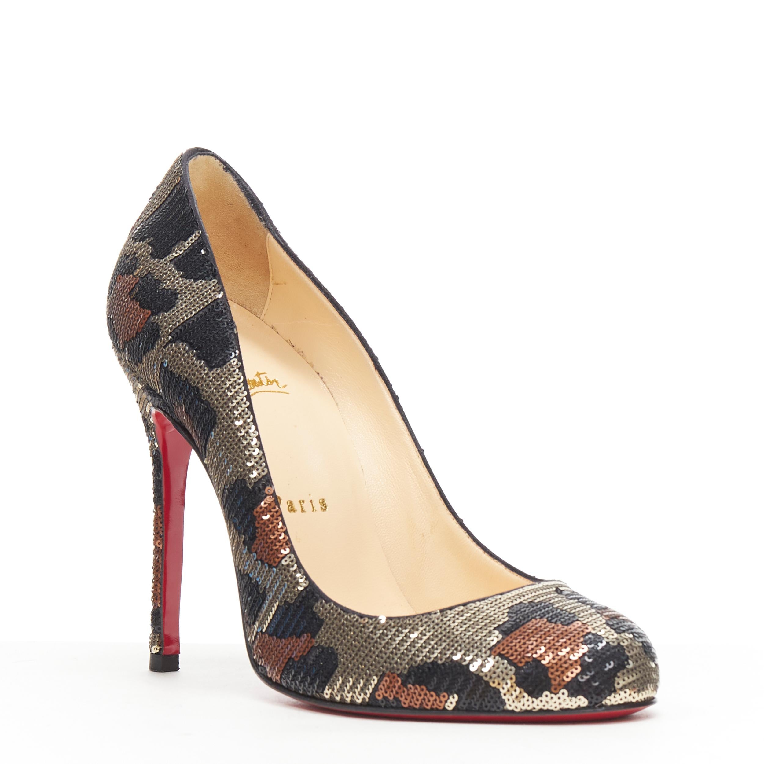 CHRISTIAN LOUBOUTIN Fifi gold leopard sequins round toe slim heel pump EU37 Reference: TGAS/B01135 
Brand: Christian Louboutin 
Designer: Christian Louboutin 
Model: Fifi Leopard 
Material: Leather 
Color: Brown 
Pattern: Leopard 
Extra Detail: