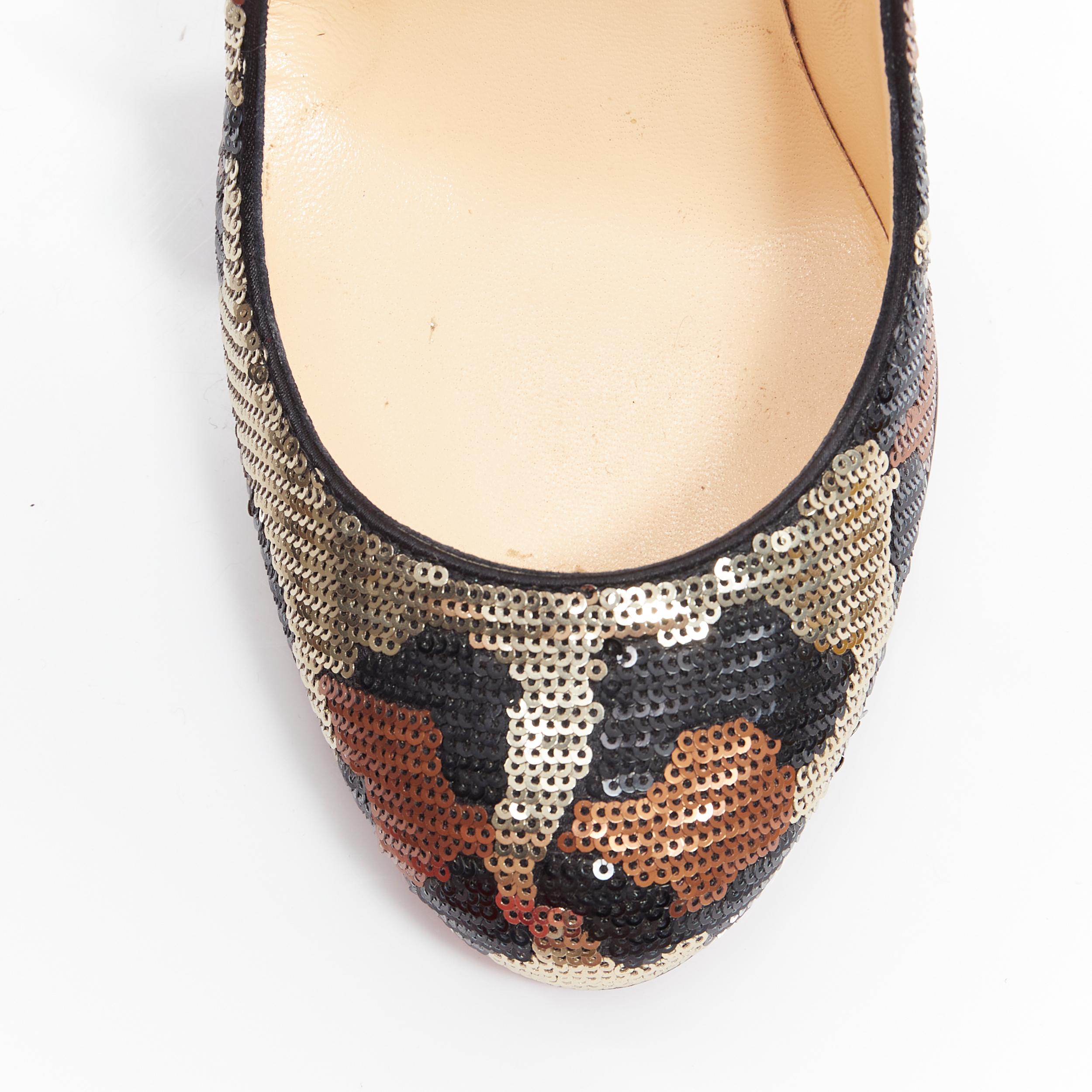CHRISTIAN LOUBOUTIN Fifi gold leopard sequins round toe slim heel pump EU37 In Excellent Condition In Hong Kong, NT