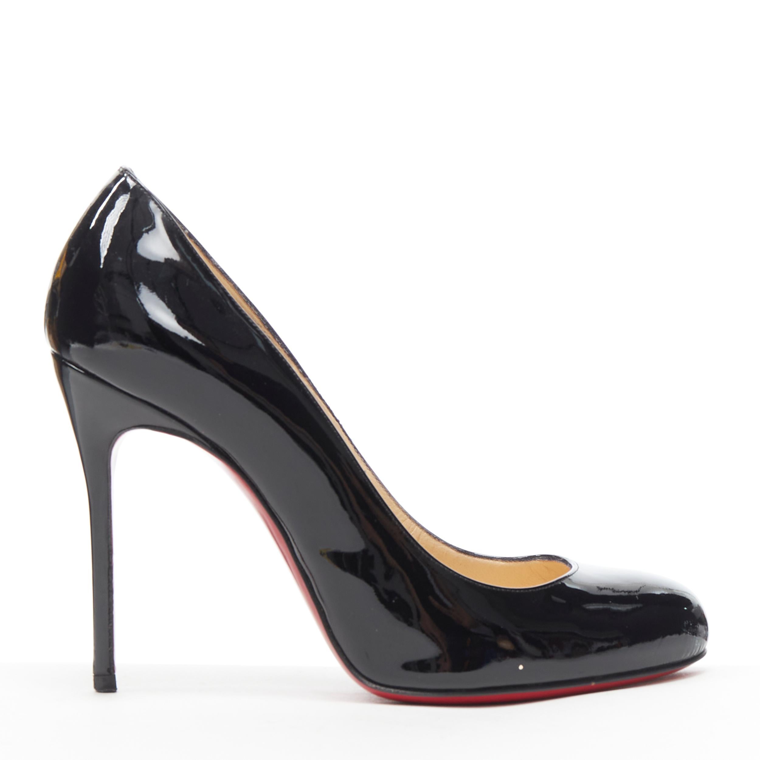 CHRISTIAN LOUBOUTIN Fifille 100 black patent round toe stiletto pump EU36.5 
Reference: TGAS/B00137 
Brand: Christian Louboutin 
Model: Fifille 100 
Material: Patent leather 
Color: Black 
Pattern: Solid 
Extra Detail: Filfille 100. Round toe.