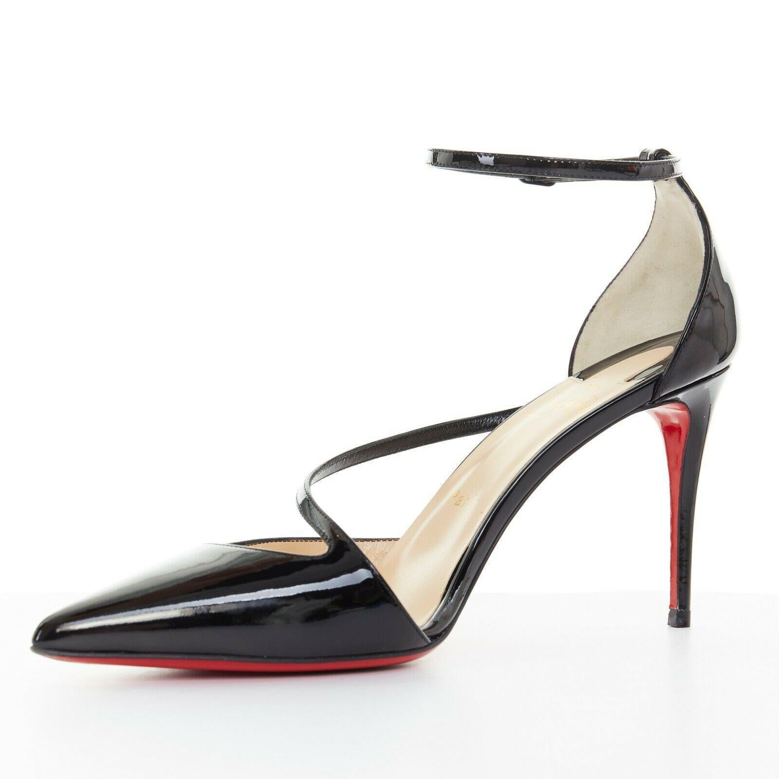 CHRISTIAN LOUBOUTIN Fliketta 85 black patent cross strap dorsay pump EU38 In Excellent Condition In Hong Kong, NT