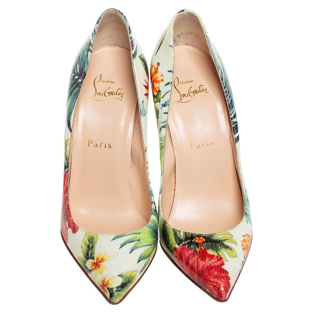 Dazzle everyone with these Louboutins by owning them today. Crafted from floral printed leather, these multicolored Pigalle Follies pumps carry a mesmerizing shape with pointed toes and 10.5 cm heels. Complete with the signature red soles, this pair