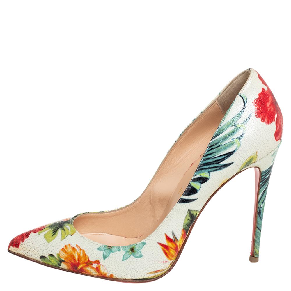 Beige Christian Louboutin Floral Pigalle Follies Pointed Toe Pumps Size 37.5