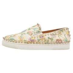Used Christian Louboutin Floral Print Embossed Snakeskin Pik Boat Sneakers Size 38.5