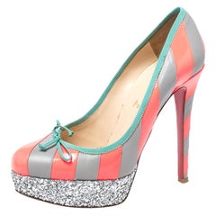 Christian Louboutin Fluorescent Pink/Grey Striped Leather Foraine Size 37.5