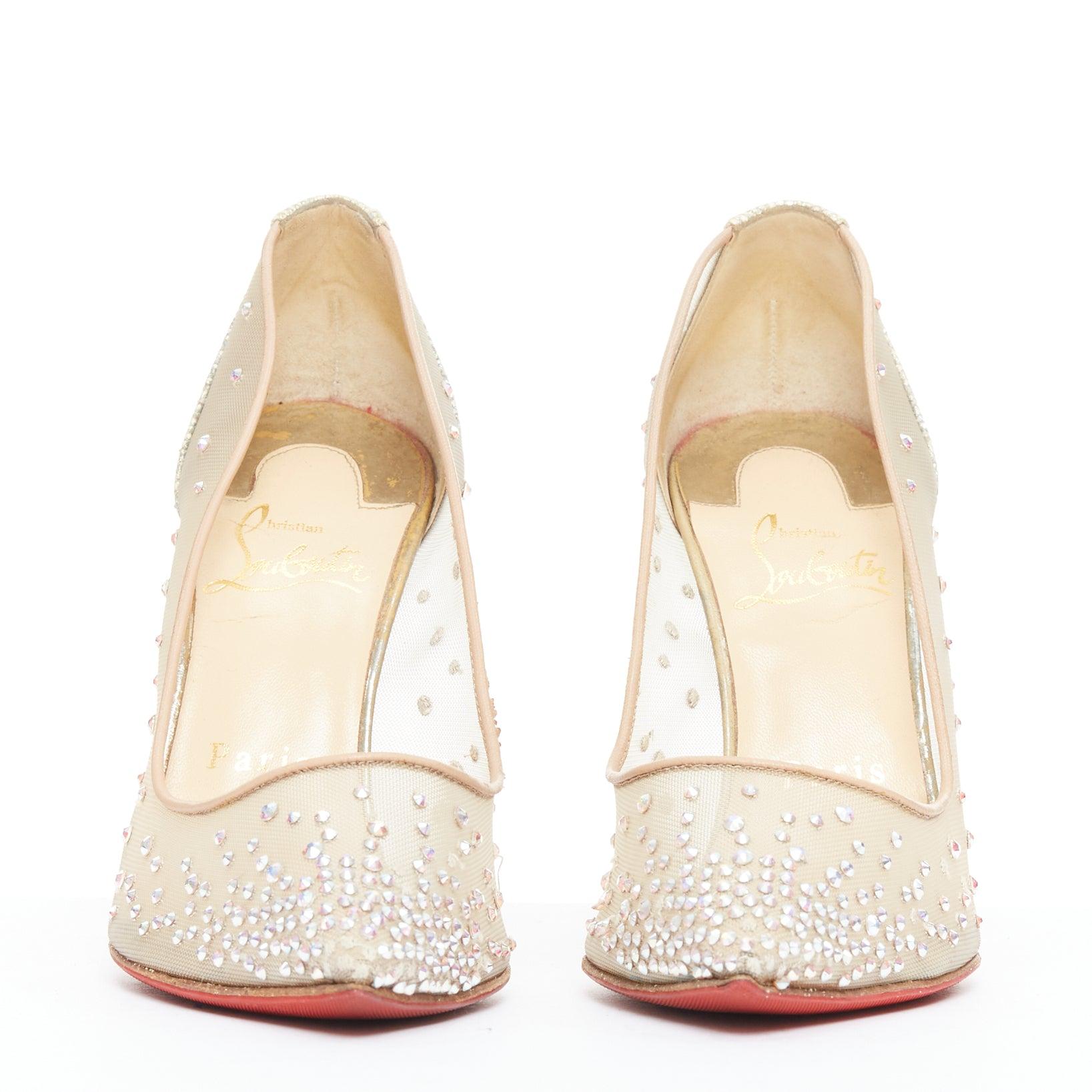 Beige CHRISTIAN LOUBOUTIN Follies 100, escarpin de mariage en maille transparente et strass argentés EU35.5 en vente