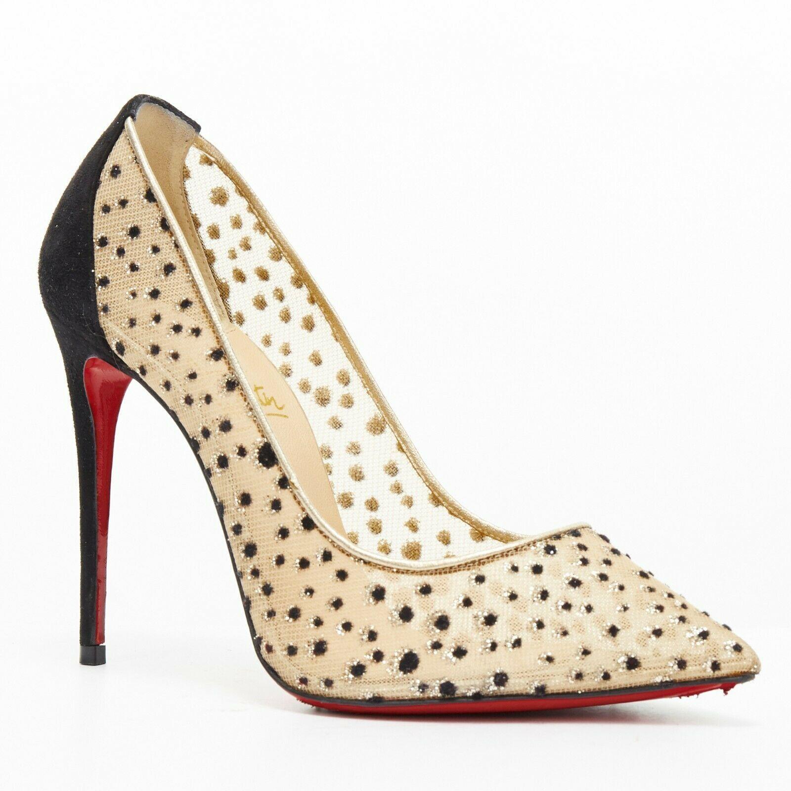CHRISTIAN LOUBOUTIN Follies Lace 100 nude mesh black glitter speckle pump EU36.5
CHRISTIAN LOUBOUTIN
Follies Lace 100. Nude mesh upper. Black speckle spot velvet and gold glitter detail. 
Pointed toe. Gold leather piping around opening. Black suede