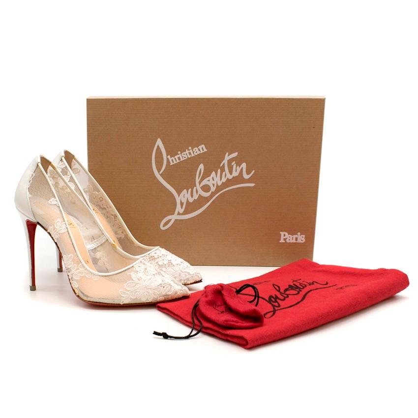 Christian Louboutin Follies Lace 100mm White Pumps

- White, mesh
- Corded floral lace applique
- Point toe, leather-covered high stiletto heel
- White leather heel panel 
- White piped leather edge
- Nude leather insole 
- Signature red leather