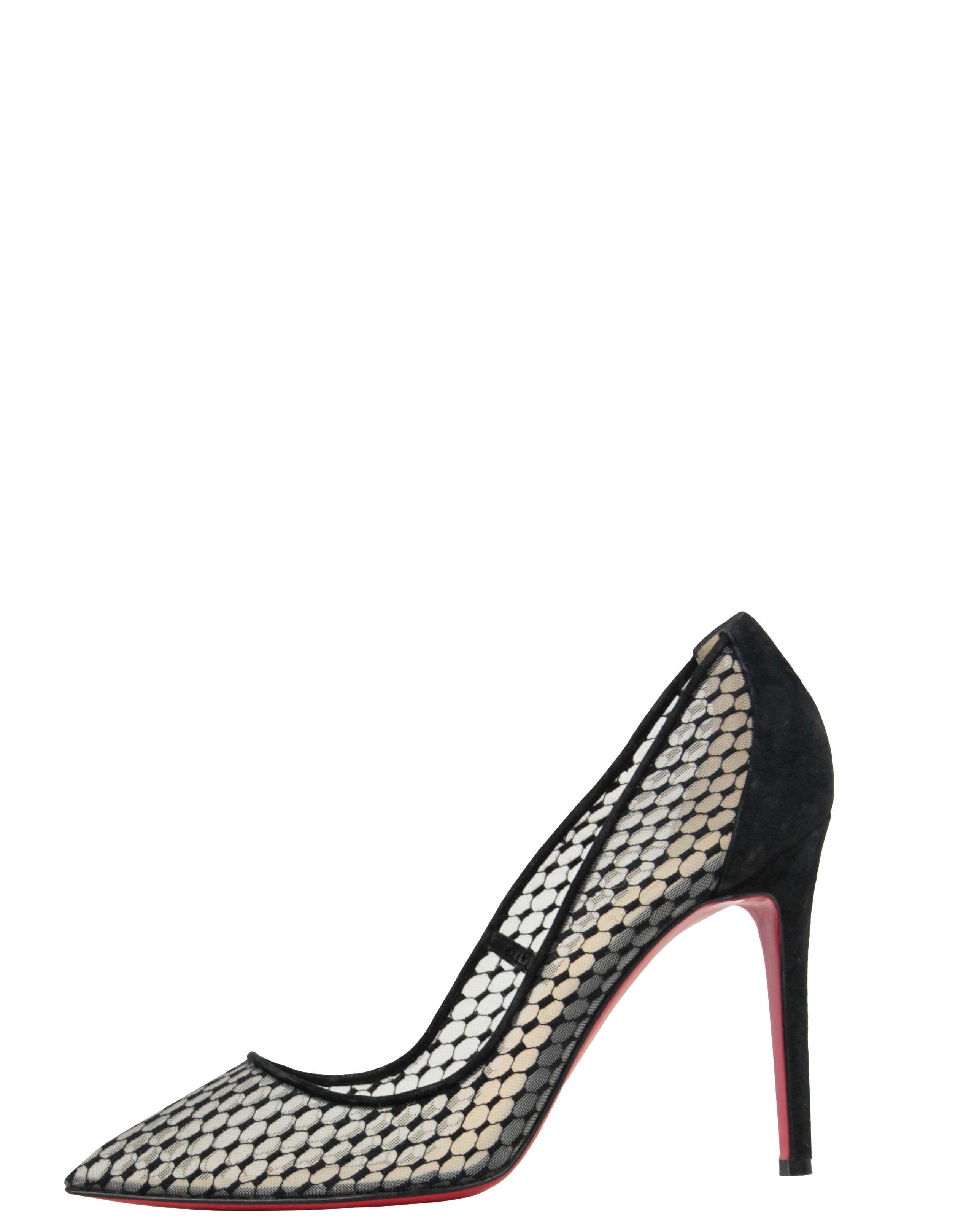 Christian Louboutin Follies Resille 100 Suede-Trimmed Mesh Pumps sz 39.5. Features net embroidered mesh. 

Made In: Italy
Color: Black
Materials: Suede and mesh
Overall Condition: Excellent with very little wear
Estimated Retail: $790 plus