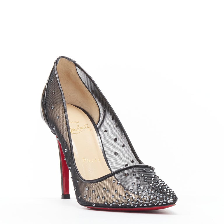 CHRISTIAN LOUBOUTIN Follies Strass 100 black crystal sheer mesh pigalle