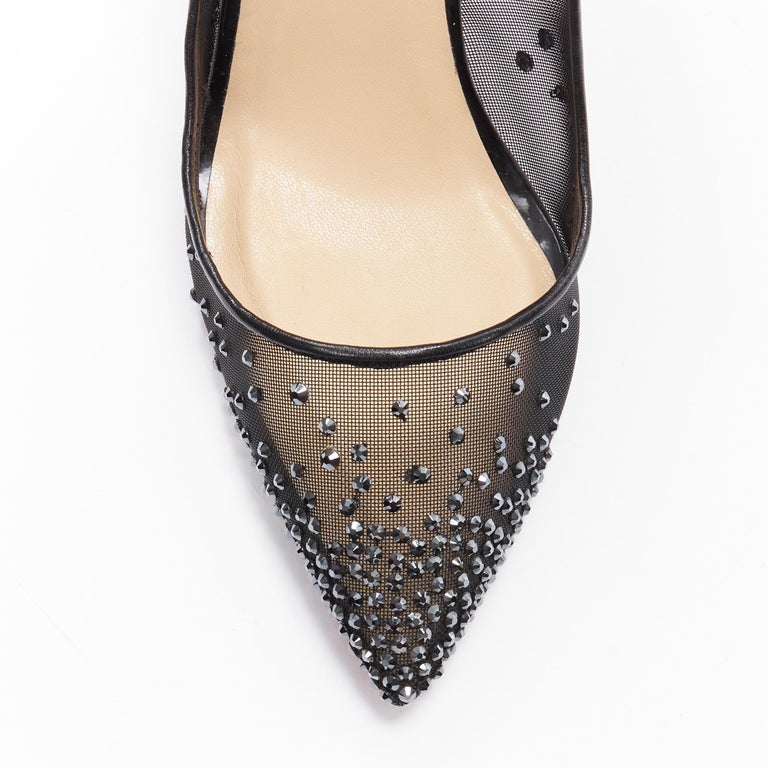 CHRISTIAN LOUBOUTIN Follies Strass 100 black crystal sheer mesh pigalle EU38