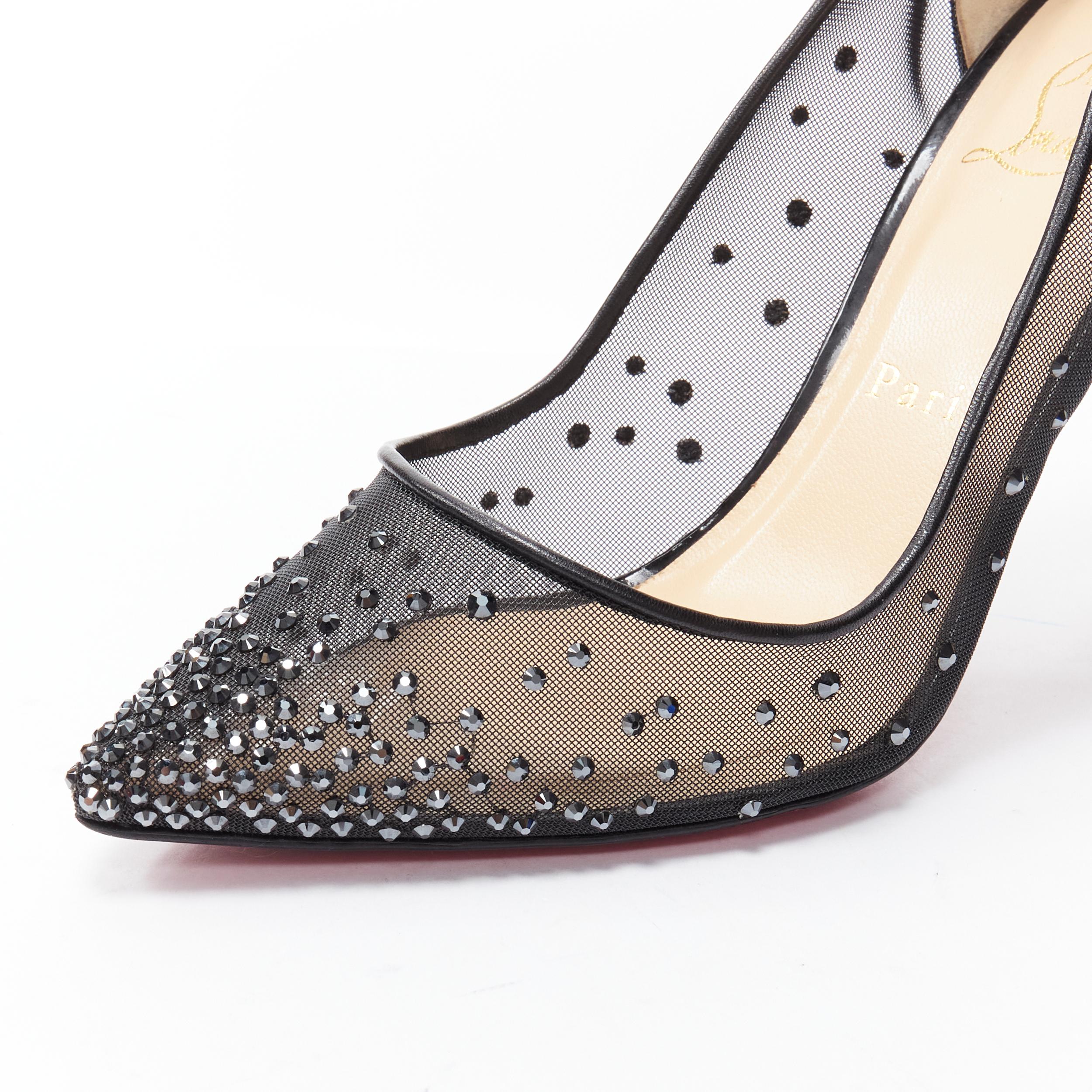 CHRISTIAN LOUBOUTIN Follies Strass 100 black crystal sheer mesh pigalle EU38 In Excellent Condition For Sale In Hong Kong, NT