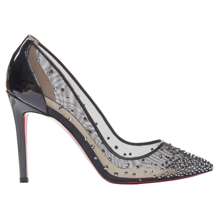 CHRISTIAN LOUBOUTIN Follies Strass 100 black crystal sheer mesh pigalle  EU38 For Sale at 1stDibs