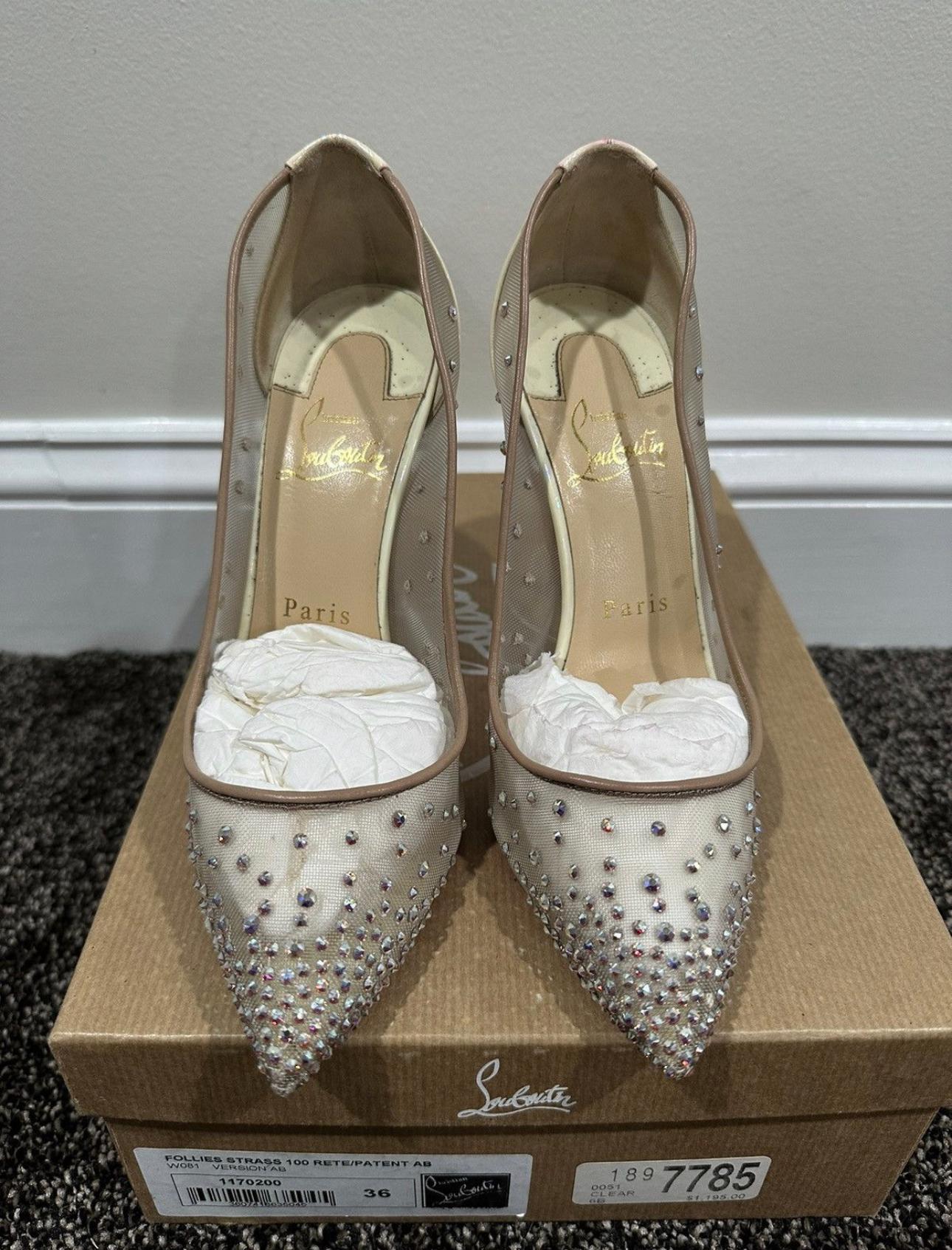 Christian Louboutin Follies Strass 100 Rete/Patent Nude Heel In Good Condition For Sale In Bear, DE
