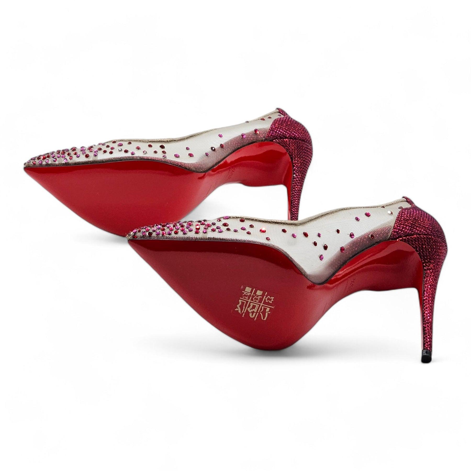 Christian Louboutin Follies Strass Crystal Pumps Mesh and Leather in Nude In Excellent Condition For Sale In Los Angeles, CA