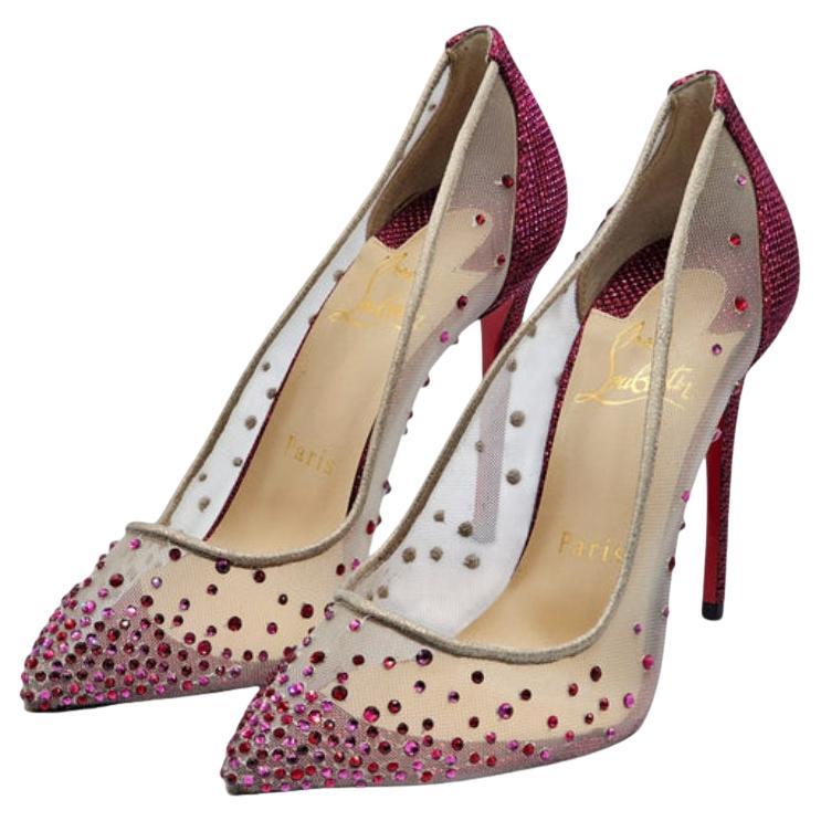 Christian Louboutin Follies Strass Crystal Pumps Mesh and Leather in Nude For Sale
