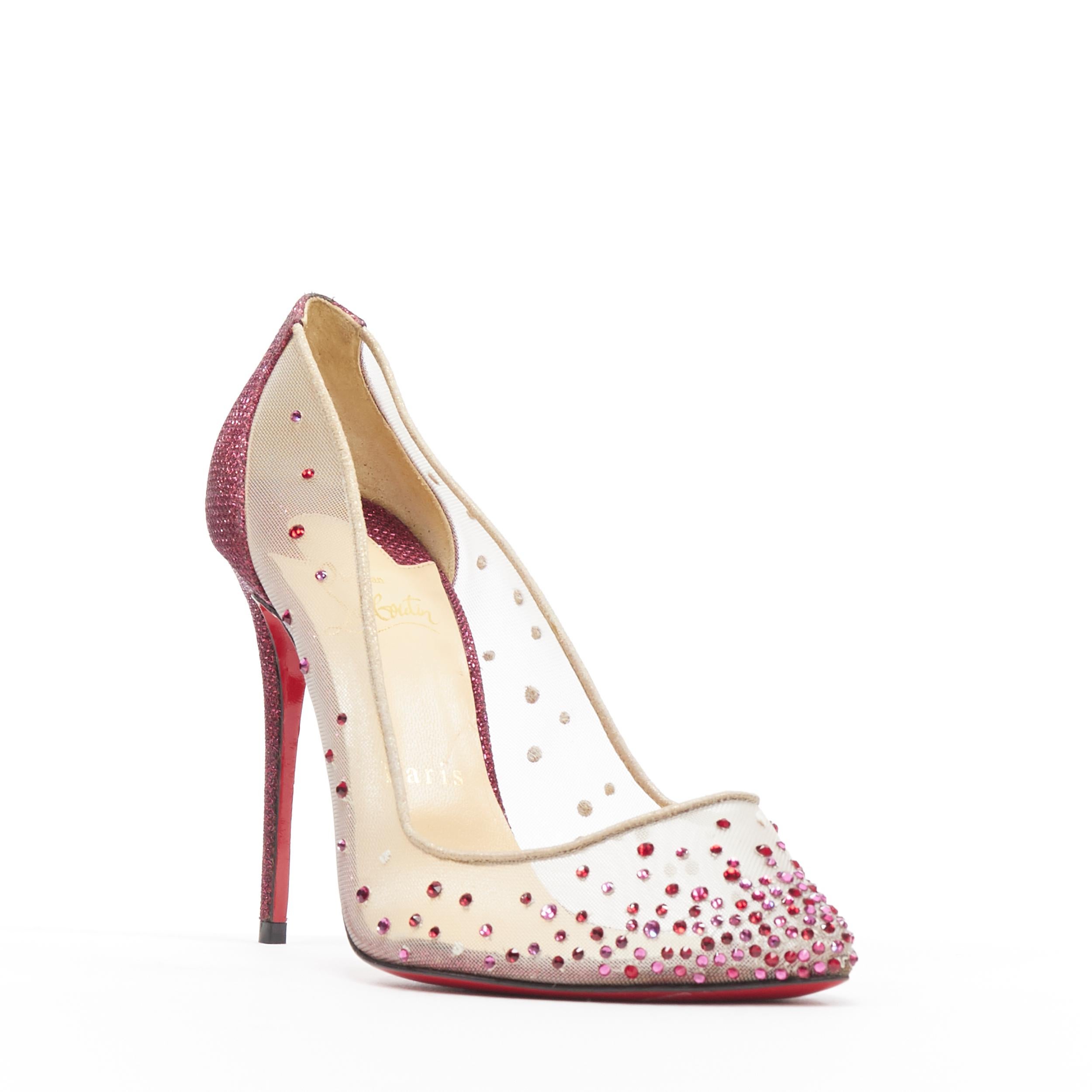 CHRISTIAN LOUBOUTIN Follies Strass red glitter crystal nude mesh heels EU36.5
Brand: Christian Louboutin
Designer: Christian Louboutin
Model Name / Style: Follie Strass 
Material: Fabric
Color: Pink
Pattern: Solid
Extra Detail: Follies Strass 100.