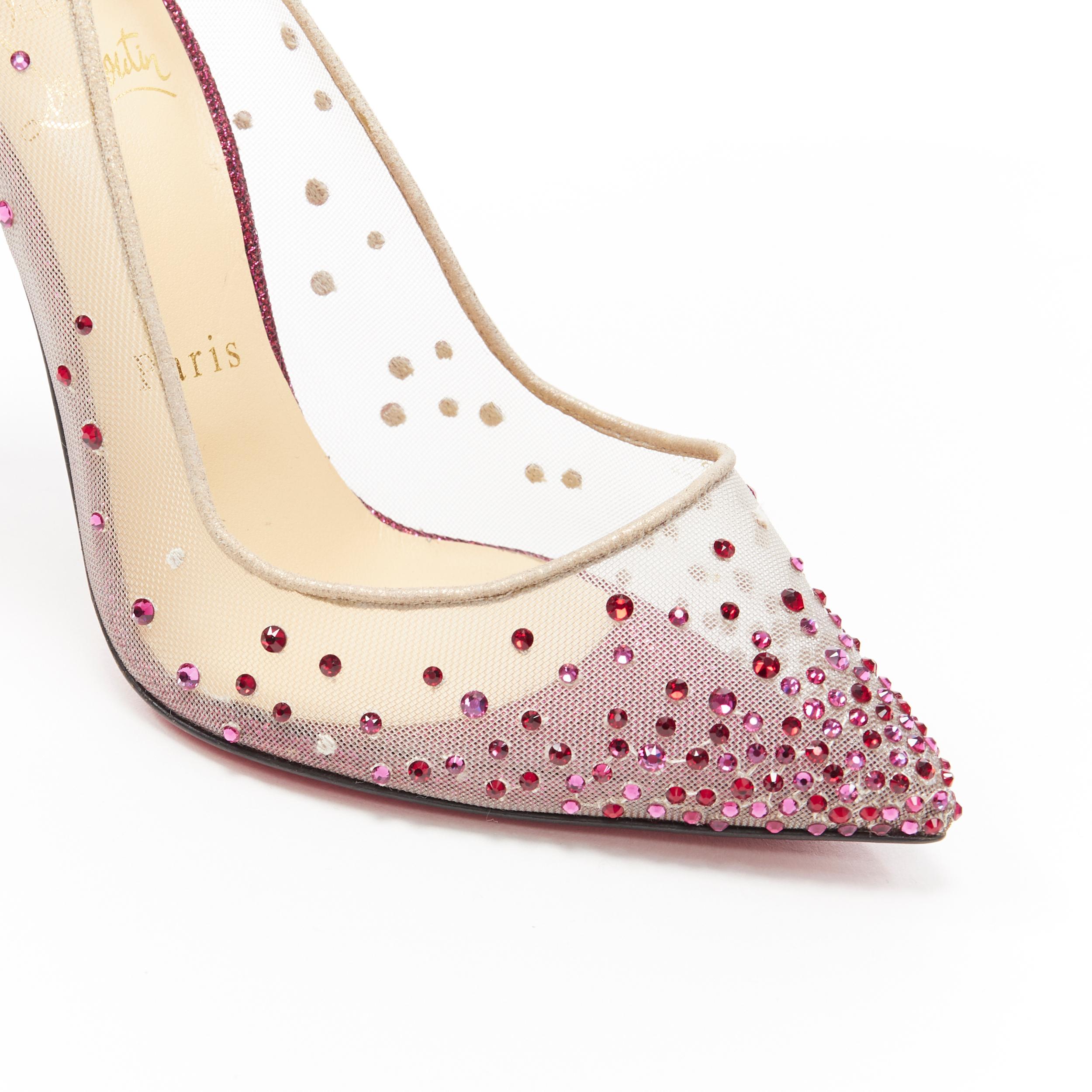 Women's CHRISTIAN LOUBOUTIN Follies Strass red glitter crystal nude mesh heels EU36.5