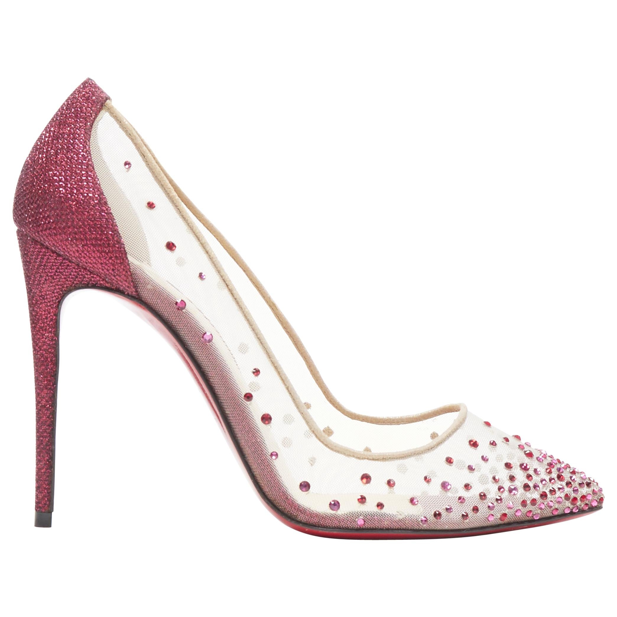 CHRISTIAN LOUBOUTIN Follies Strass red glitter crystal nude mesh heels  EU36.5