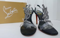 CHRISTIAN LOUBOUTIN for YSL Clear Strap Green Heel w/ Rhinestone YSL Logo