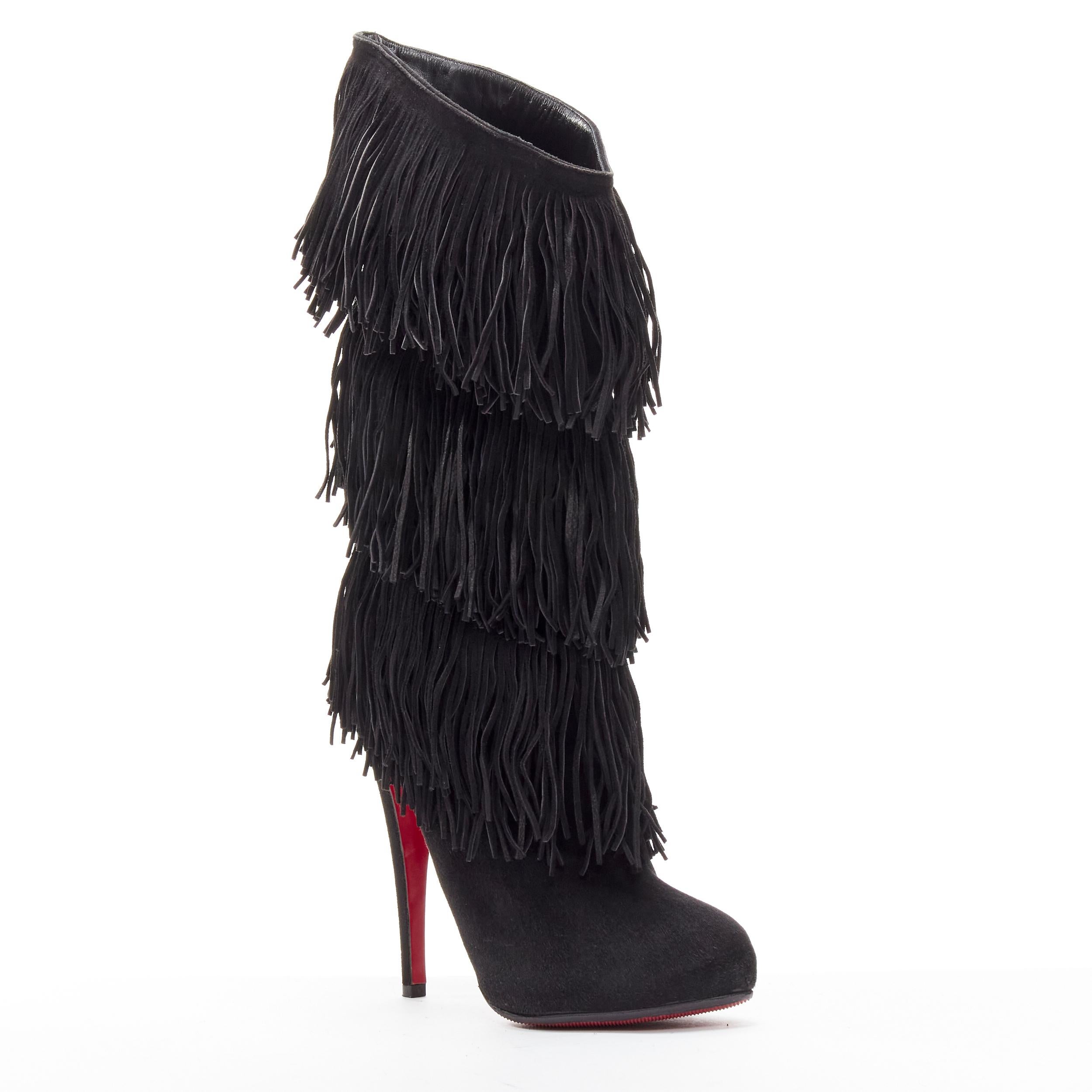 CHRISTIAN LOUBOUTIN Forever Tina 130 black suede fringe platform boots EU37.5
Reference: LNKO/A02104
Brand: Christian Louboutin
Model: Forever Tina 130
Material: Suede
Color: Black
Pattern: Solid
Closure: Slip On
Lining: Leather
Made in: