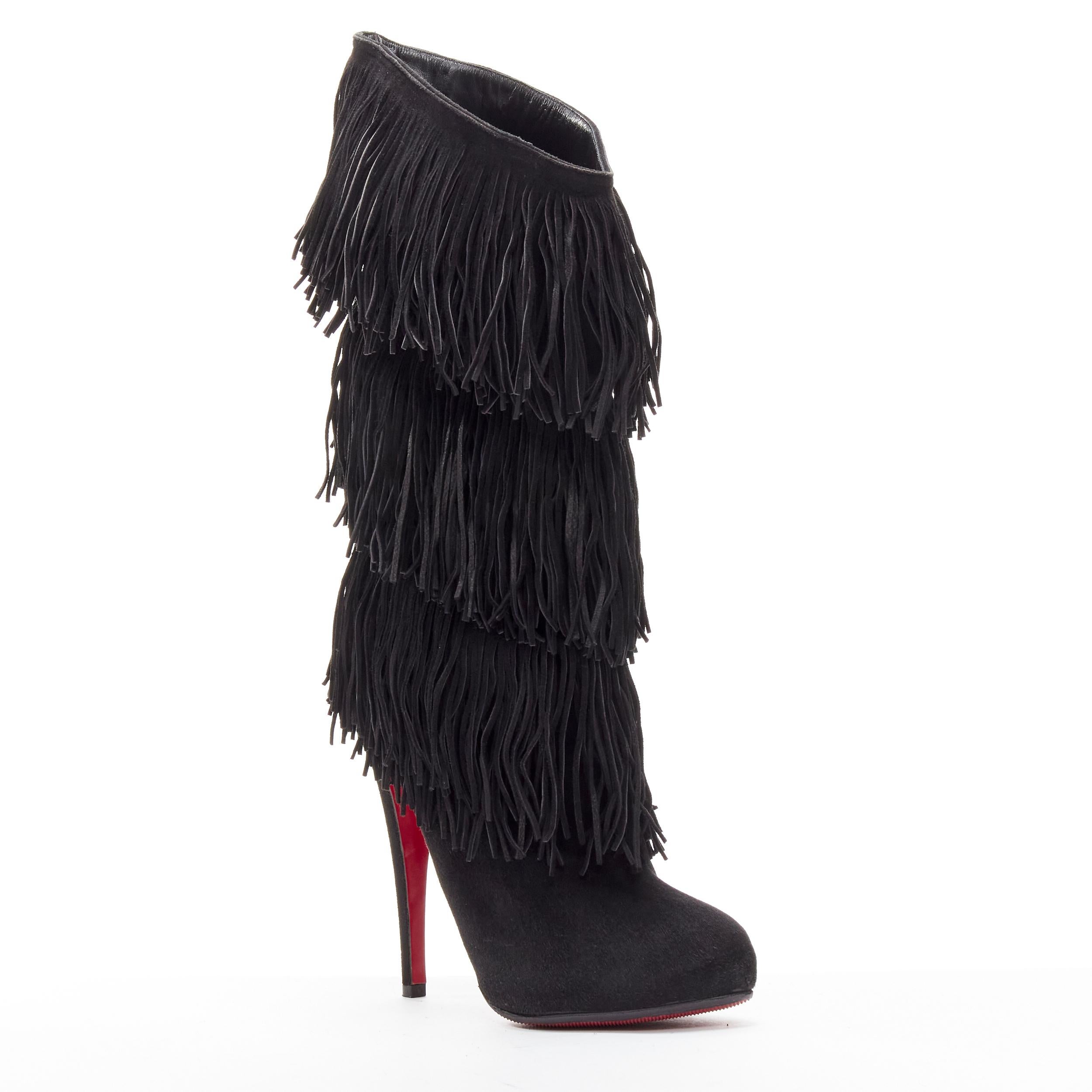 CHRISTIAN LOUBOUTIN Forever Tina 130 black suede fringe platform boots EU37.5
Reference: LNKO/A02104
Brand: Christian Louboutin
Model: Forever Tina 130
Material: Suede
Color: Black
Pattern: Solid
Closure: Slip On
Lining:  Leather
Made in: