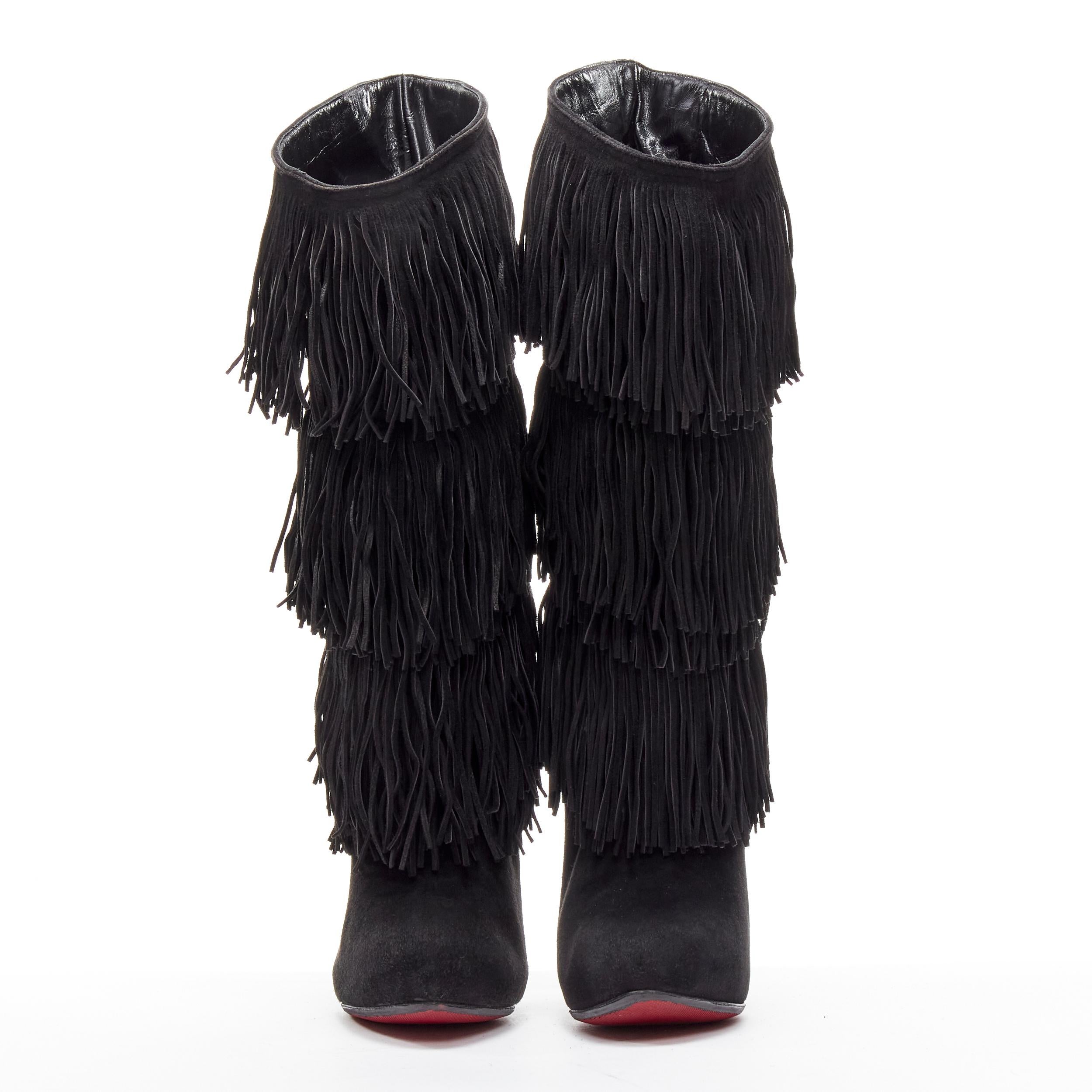Black CHRISTIAN LOUBOUTIN Forever Tina 130 black suede fringe platform boots EU37.5