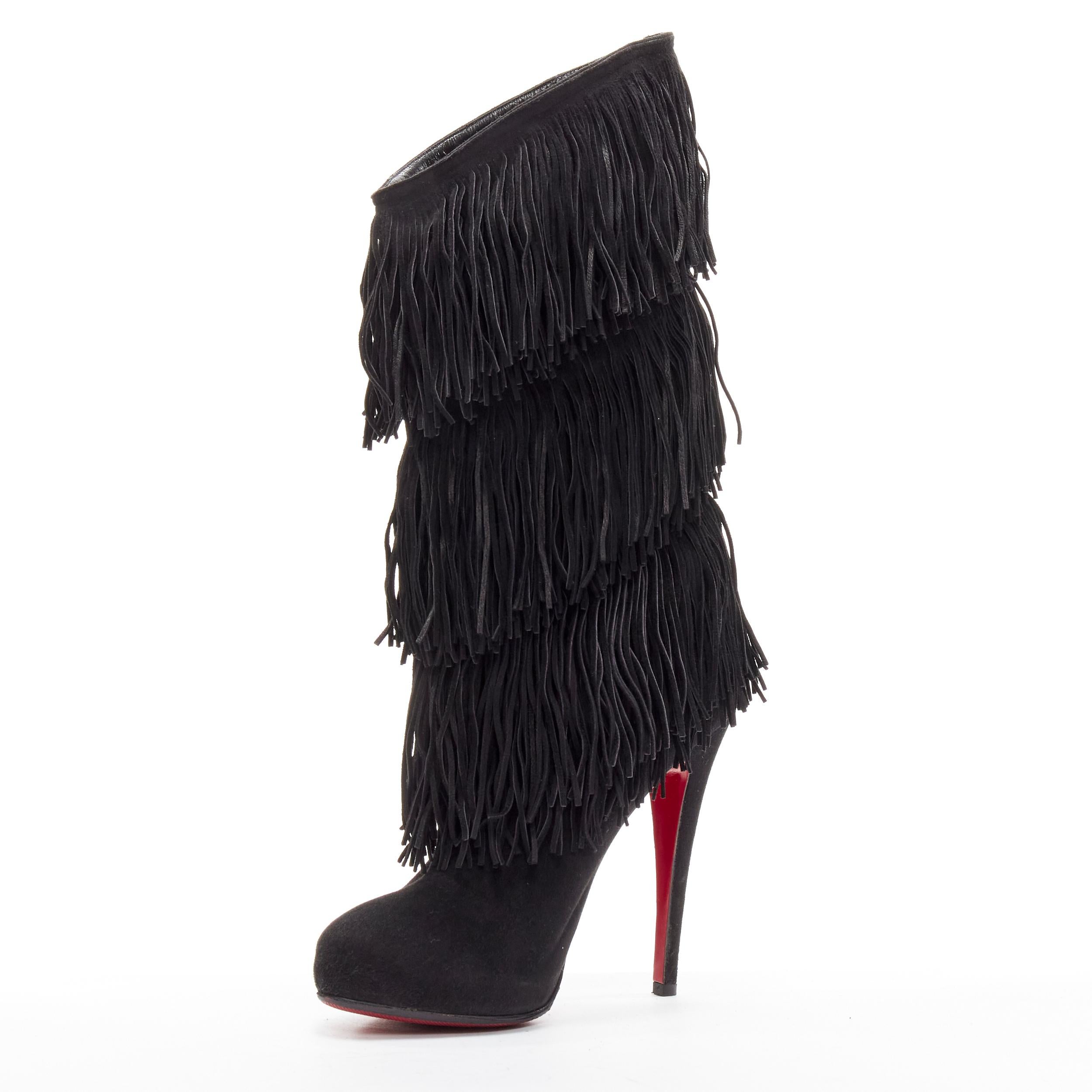 CHRISTIAN LOUBOUTIN Forever Tina 130 black suede fringe platform boots EU37.5 In Good Condition For Sale In Hong Kong, NT